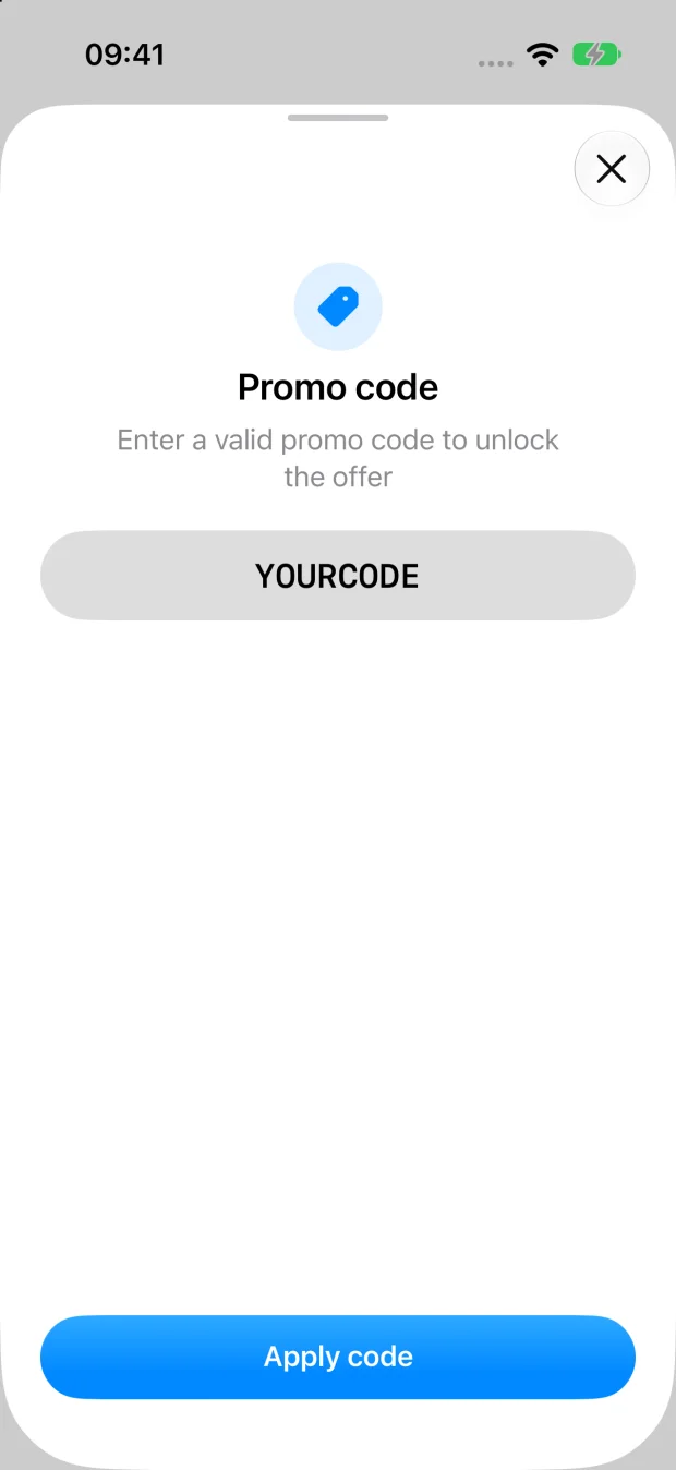 PepFlow promo code entry sheet with a code input and Apply code button.