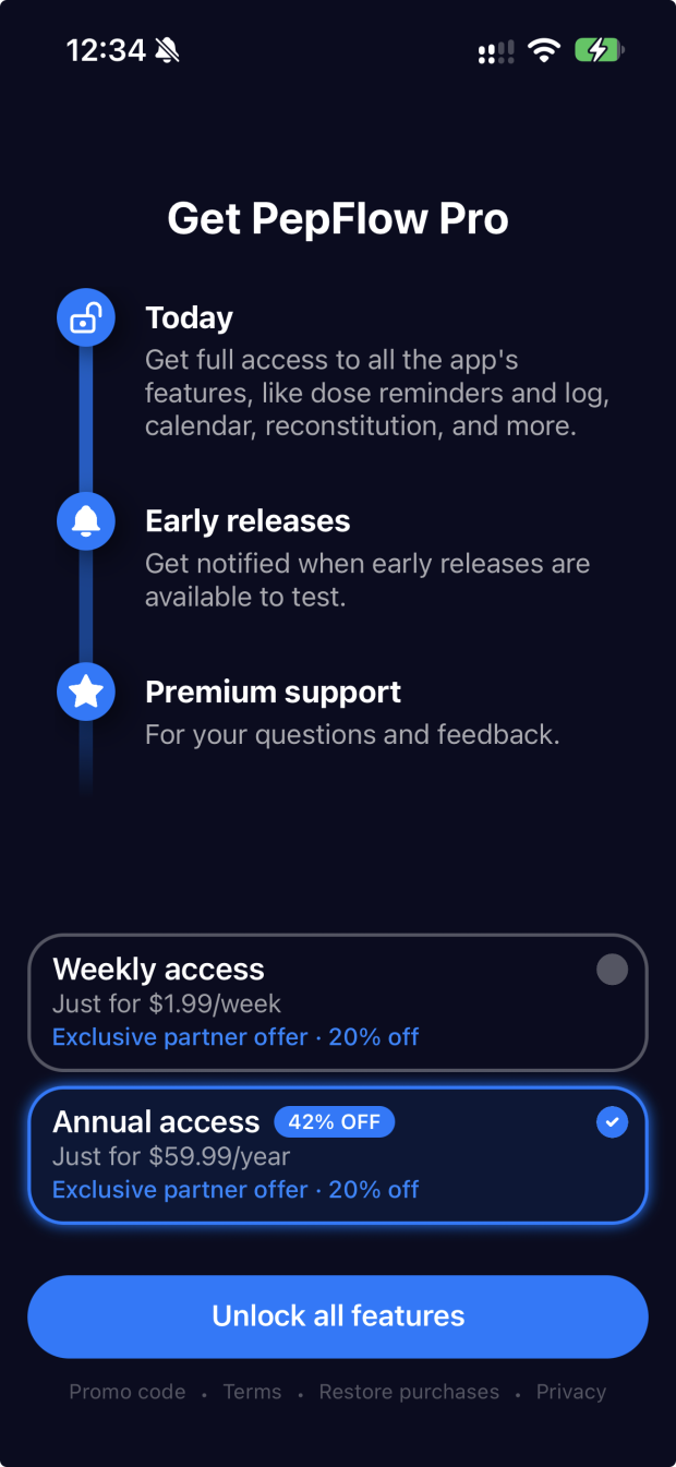 PepFlow Pro purchase screen showing the promo offer applied to subscription options.