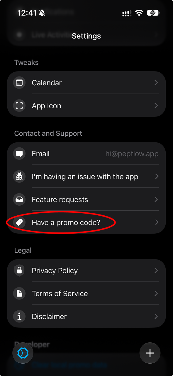 Support and settings entry point for a promo code.