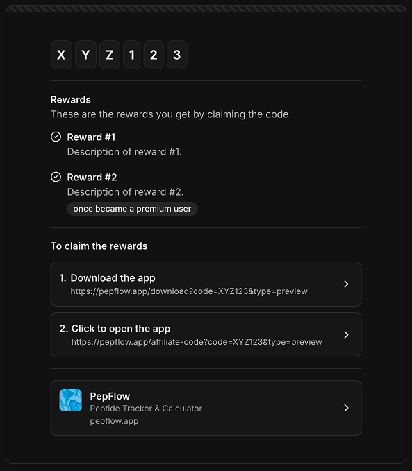 WinWinKit promo code claim page showing download and open app steps for PepFlow.